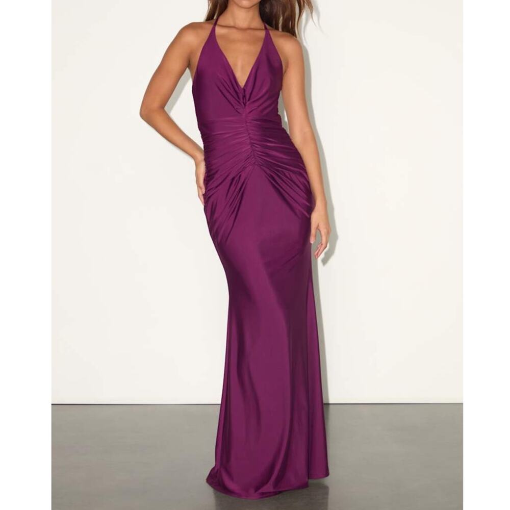 NEW Lulus Zaniya Plum Ruched Halter Open Back Jersey Mermaid Maxi Dress Large